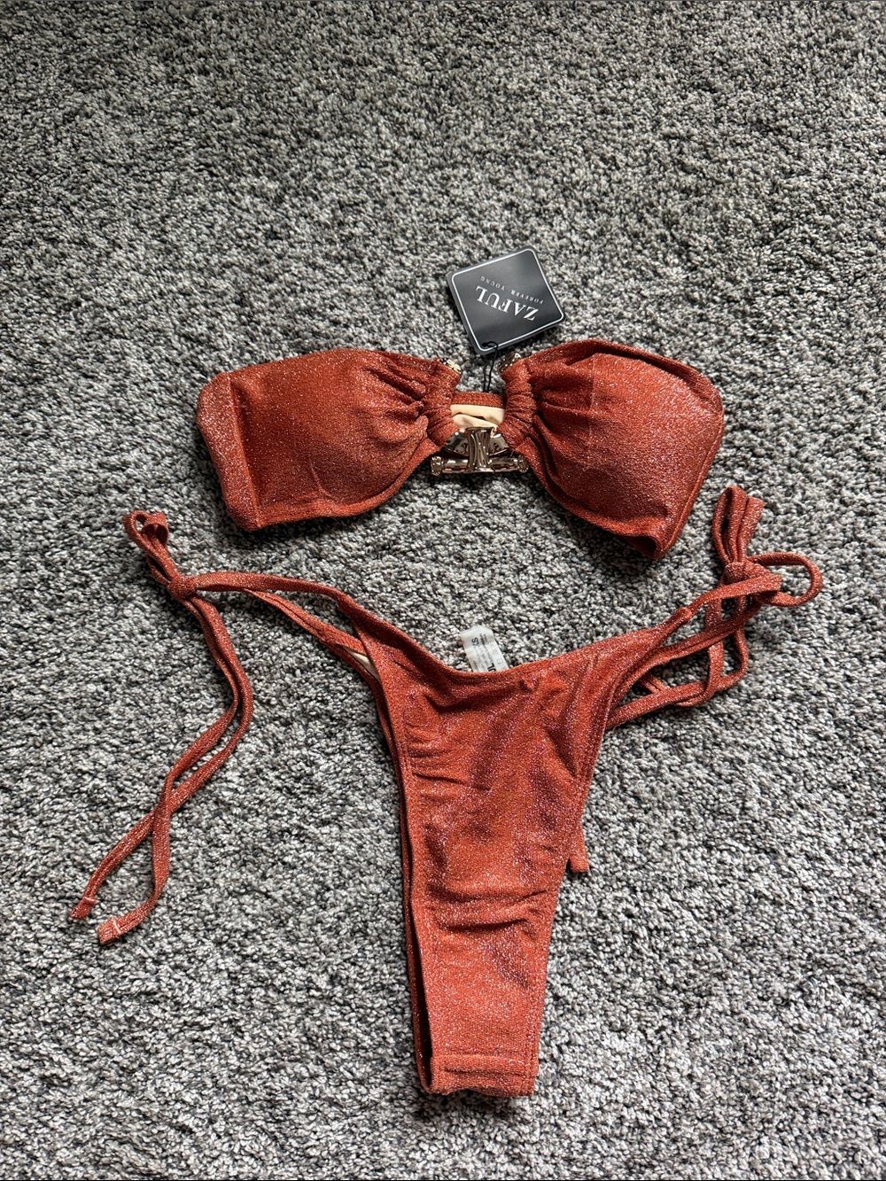 Zaful Rust Shimmer Bandeau Tie-Side XS Bikini